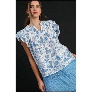Umgee Full Size Two Tone Boxy Cut Floral Print Blue White Size Small